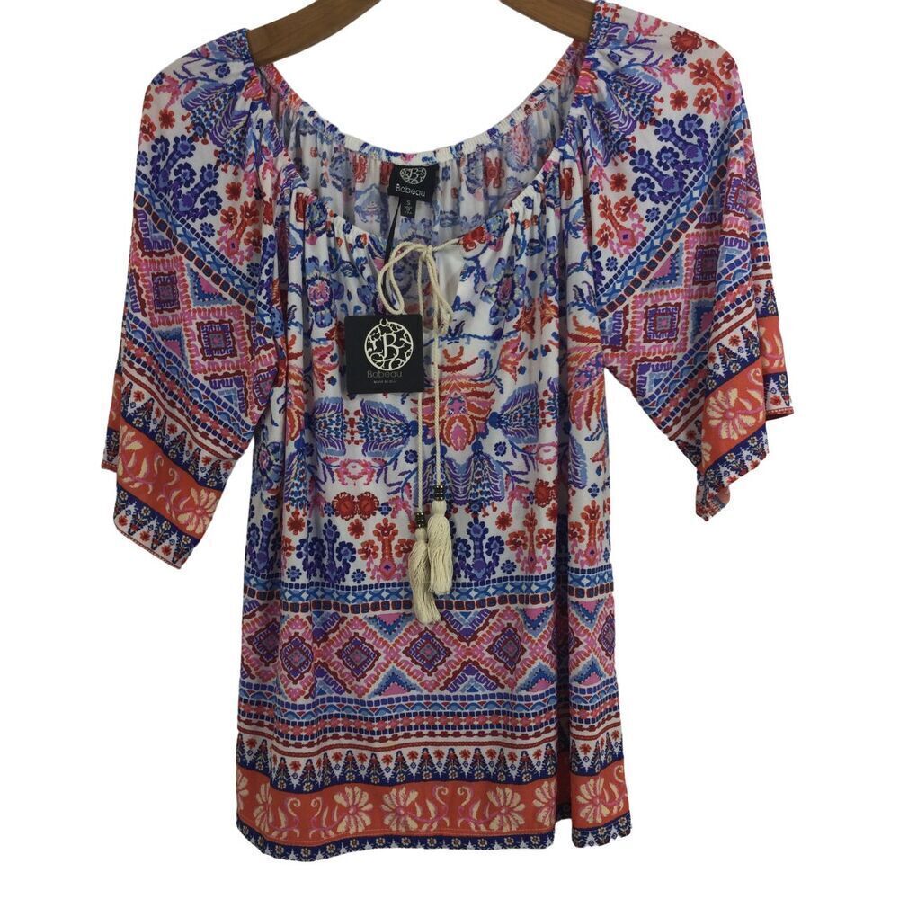 Bobeau Womens Bohemian Tassel Short Sleeve Colorful Boho Tunic Blouse Top S NWT
